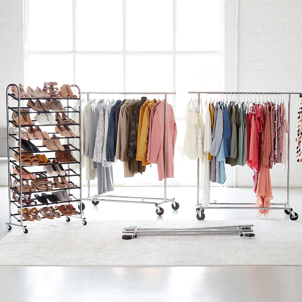 Chrome Metal 10-Tier Rolling Shoe Rack | The Container Store