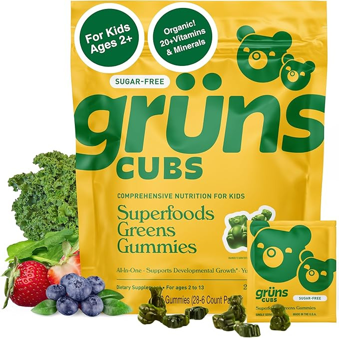 Gruns Multivitamin for Kids, Sugar-Free, Super Greens Superfood Gummy Bears with 20 Vitamins & Mi... | Amazon (US)