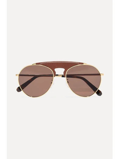 Pilot aviator-style gold-tone and textured-leather sunglasses | NET-A-PORTER (US)