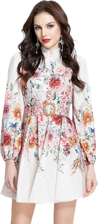 LAI MENG FIVE CATS Women's Lantern Sleeve Floral Print Button up Casual A-line Mini Dress | Amazon (US)