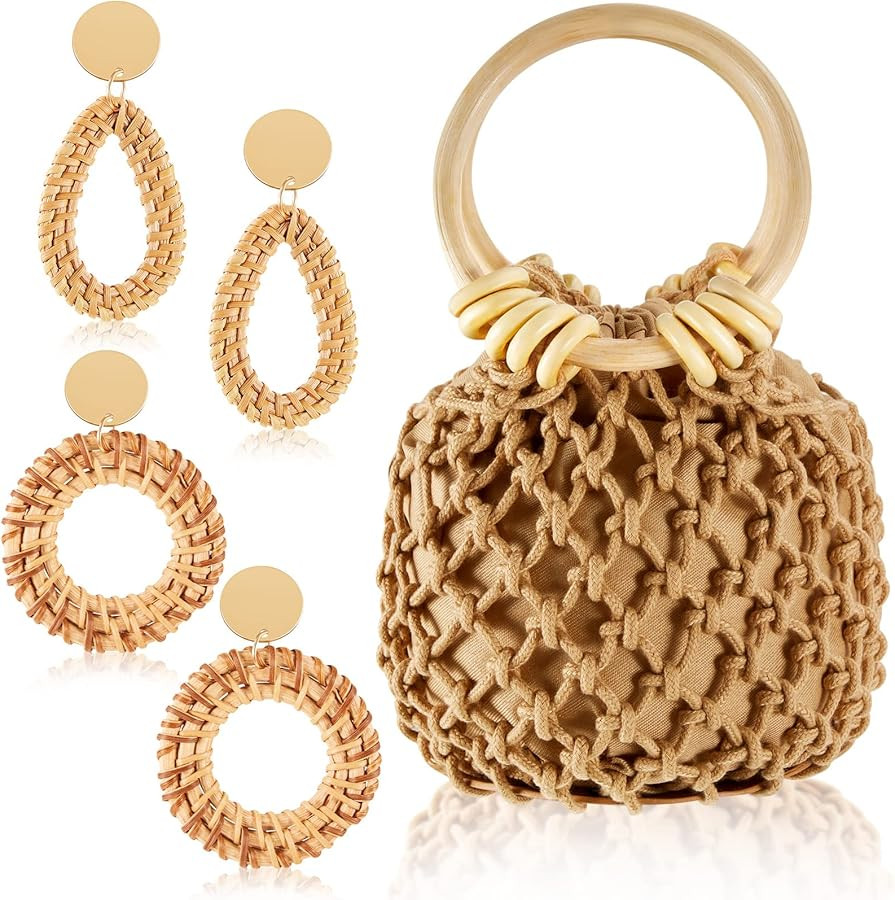Sweetude Mini Clutch Tote Handbag 2 Pairs Rattan Earrings for Women Girls Bucket Drawstring Handb... | Amazon (US)