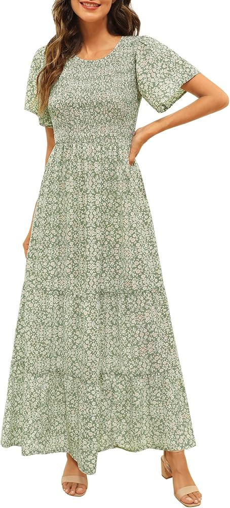 Kranda Women's 2023 Summer Round Neck Short Flutter Sleeve Smocked Ruffle Floral Maxi Dress | Amazon (US)