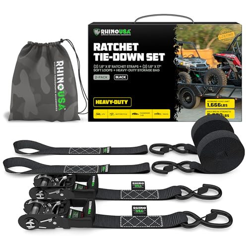 Rhino USA Ratchet Straps Heavy Duty Kit (2-Pack) - 1.6 Inch x 8 Feet (5,208lb Break Strength) - Ultimate Tie Down Straps with Safety S Hooks for Trucks, ATV, UTV, Motorcycle, Cargo & More - Black | Amazon (US)