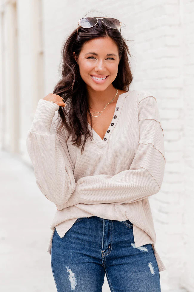 In Full Support Tan Henley Waffle Knit Blouse | Pink Lily