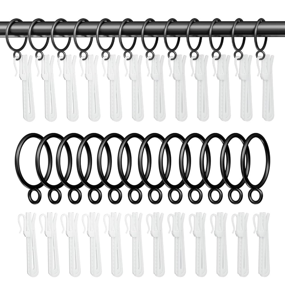 1.25 Inch Curtain Rings with Hooks, 24 Pack Black Metal Drapery Rings with Pins Fits Up to 1" Cur... | Amazon (US)