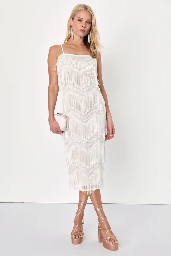 Shimmy All Night White Sequin Fringe Sleeveless Midi Dress | Lulus (US)