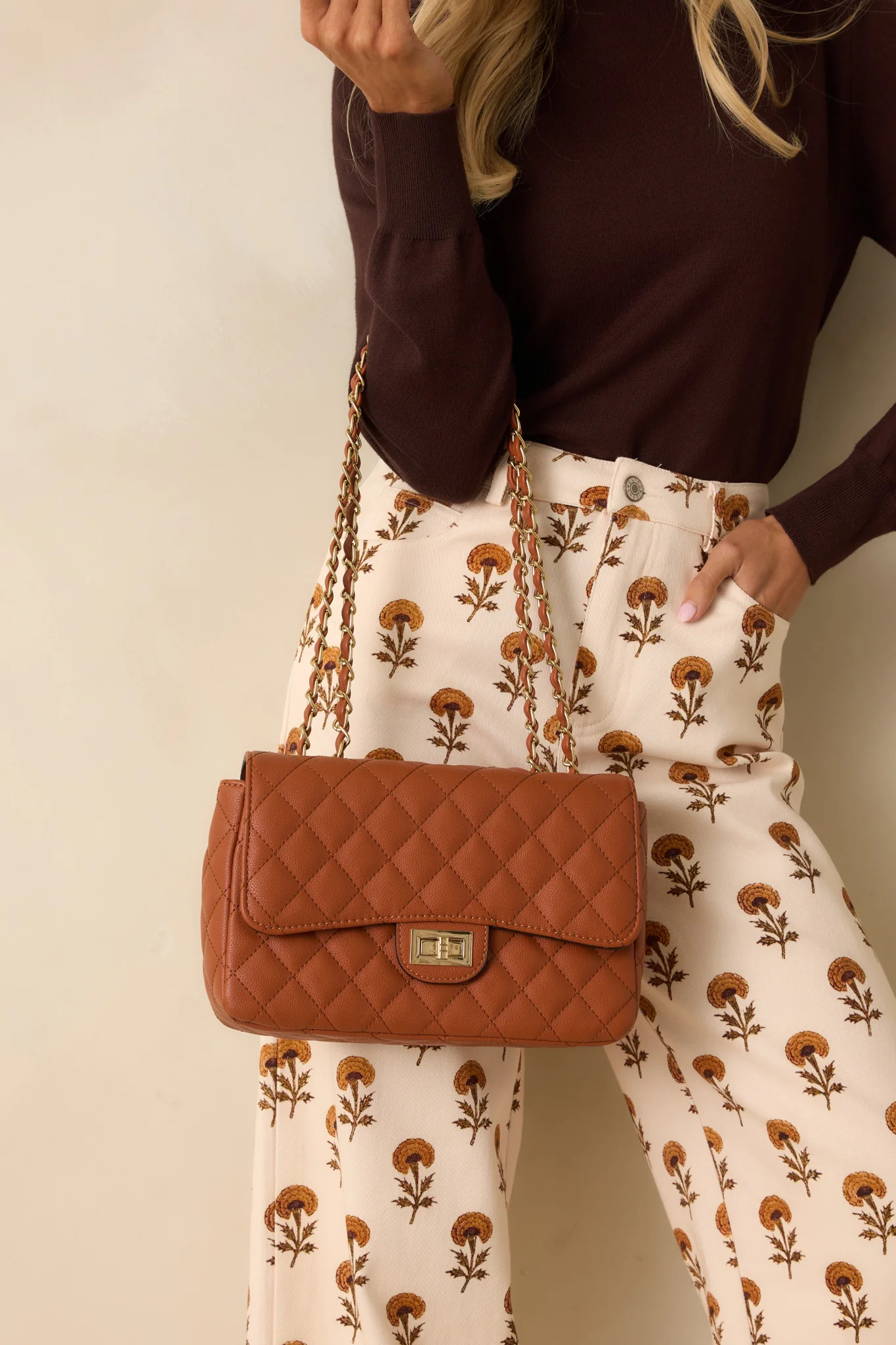 Only Gets Better Ginger Brown Quilted Faux Leather Handbag | Red Dress