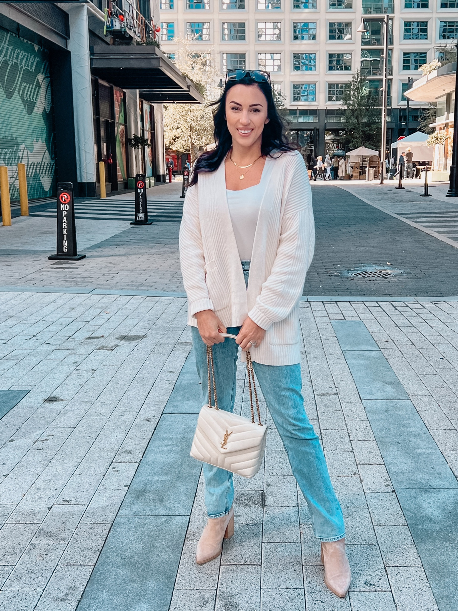Weekend cold weather outfit featuring an open cardigan, Abercrombie jeans, YSL shoulder bag, layered gold necklaces and booties 

#LTKSeasonal