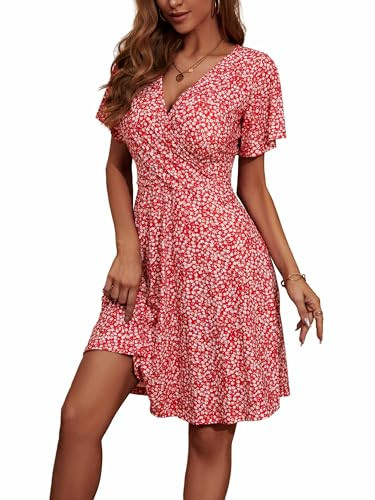 FENSACE Womens Sundress Summer Floral Short Sleeve Wrap V Neck A-Line Midi Dress | Amazon (US)