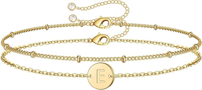 Gold Initial Bracelets for Women Girls, Dainty 14K Gold Filled Layered Beaded Letter Initial Brac... | Amazon (US)