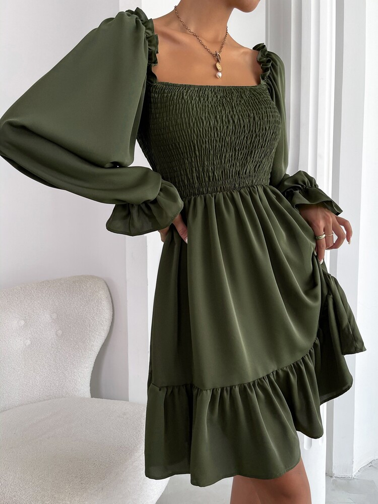 Square Neck Shirred Bodice Flounce Sleeve Ruffle Hem Dress | SHEIN