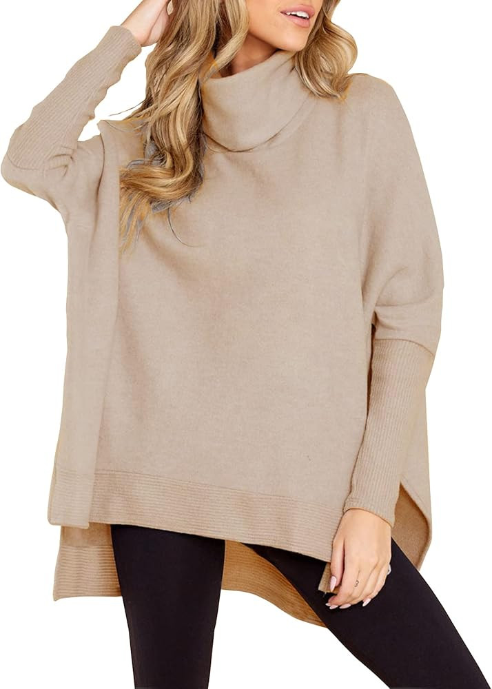 AVIVATINO Women's Turtleneck Oversized Sweaters Batwing Long Sleeve High Low Split Hem Knit Pullover | Amazon (US)