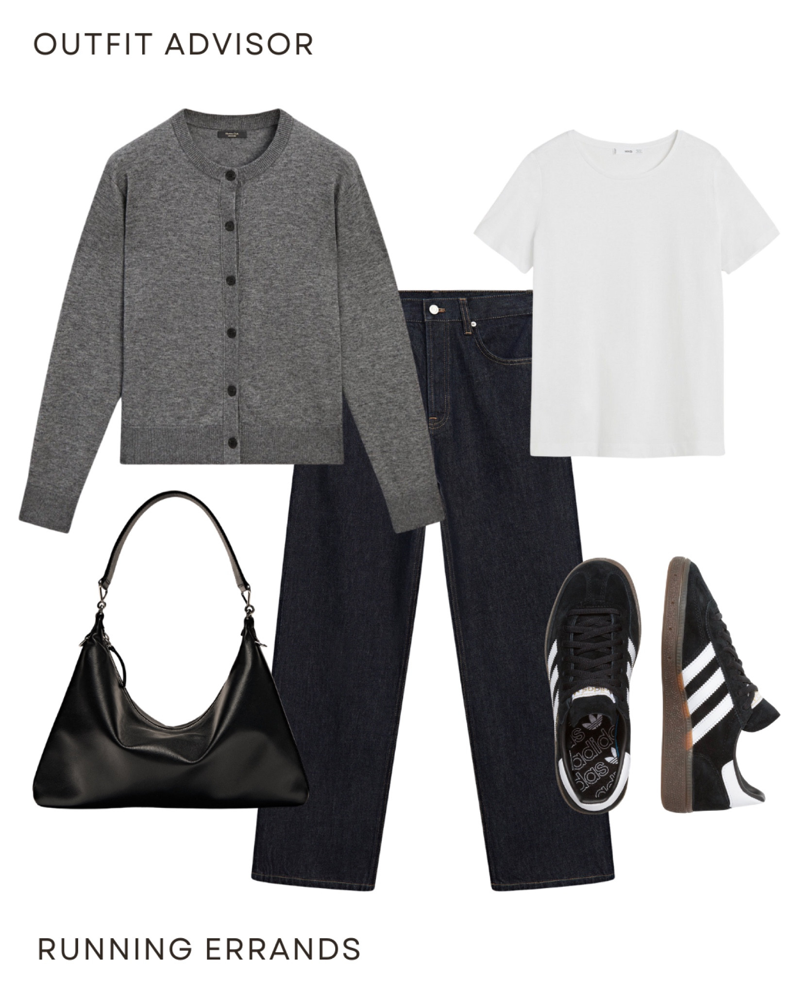 Casual outfit idea: jeans, a grey cardigan, mango tee, black shoulder bag and adidas spezial sneakers 

#LTKmidsize #LTKstyletip #LTKbag