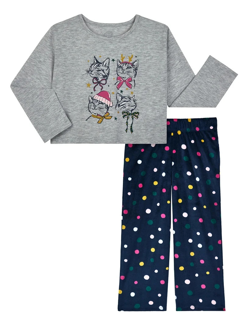 Wonder Nation Girls Long Sleeve Top and Wide Leg Pant Pajama Set, 2-Piece, Sizes 4-18 & Plus | Walmart (US)