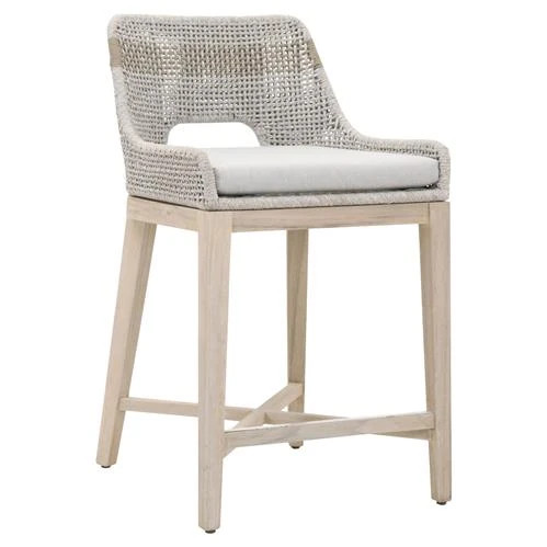 Theodore Coastal Beach Taupe Woven Cushion Solid Grey Teak Outdoor Counter Stool | Kathy Kuo Home