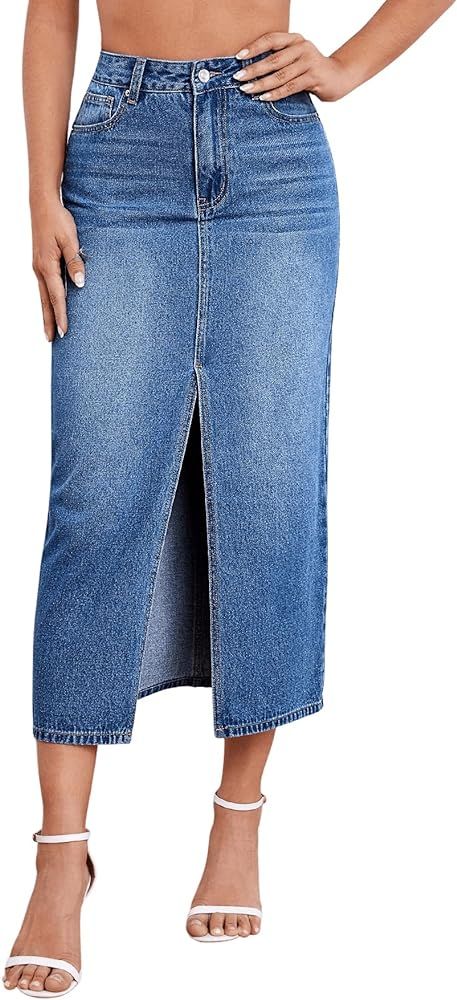 SweatyRocks Women's Casual Denim Skirt High Waist Split Front Long Jean Skirts | Amazon (US)