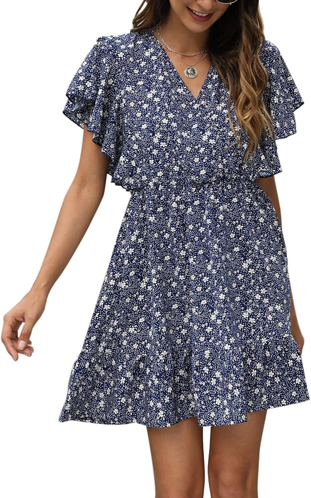 Manydress Women’s Casual Floral Print Butterfly Sleeve Flowy Swing Boho Dress with Pockets MY09... | Amazon (US)