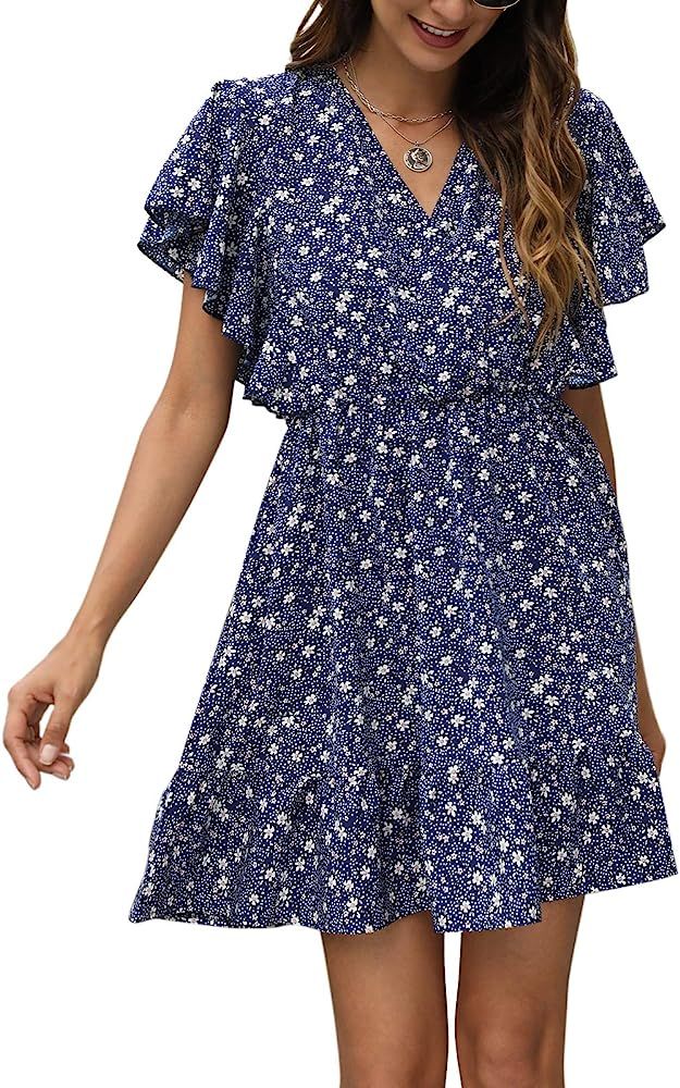 Manydress Women’s Casual Floral Print Butterfly Sleeve Flowy Swing Boho Dress with Pockets MY09... | Amazon (US)