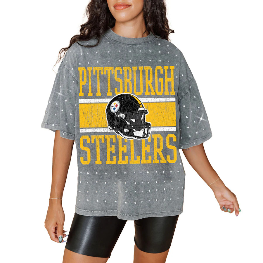 Women's Pittsburgh Steelers Gameday Couture Gray Oversized Mini Rhinestone Classic T-Shirt | NFL Shop