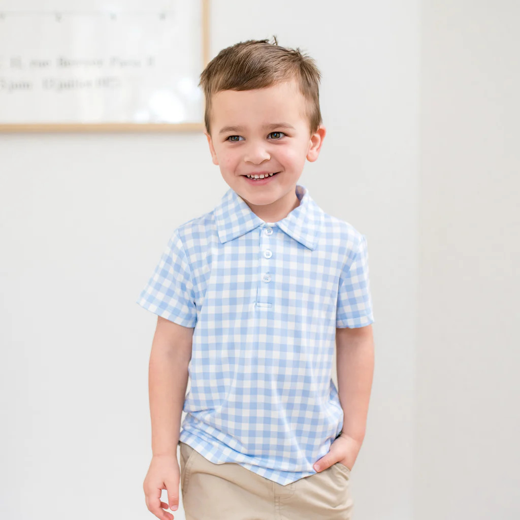 Toddler Short Sleeve Polo in Gingham Breeze | Kyte Baby