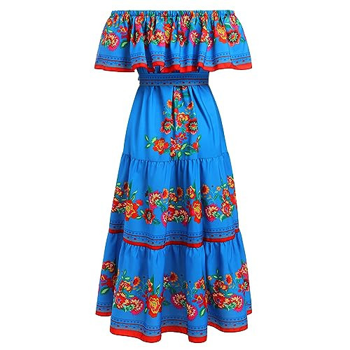 Mexican Dress for Women Off Shoulder Floral Print Long Maxi Dress Summer Cinco de Mayo Party Dresses with Belt Blue 01 XL | Amazon (US)