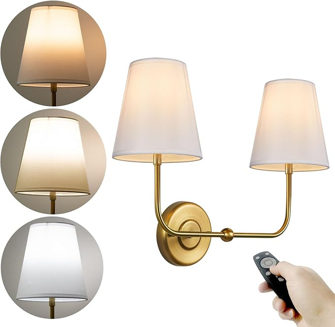 TERLEENART Battery Rechargeable Operated 3 Colors Dimmable Wall Sconce,Double Light with White Fa... | Amazon (US)