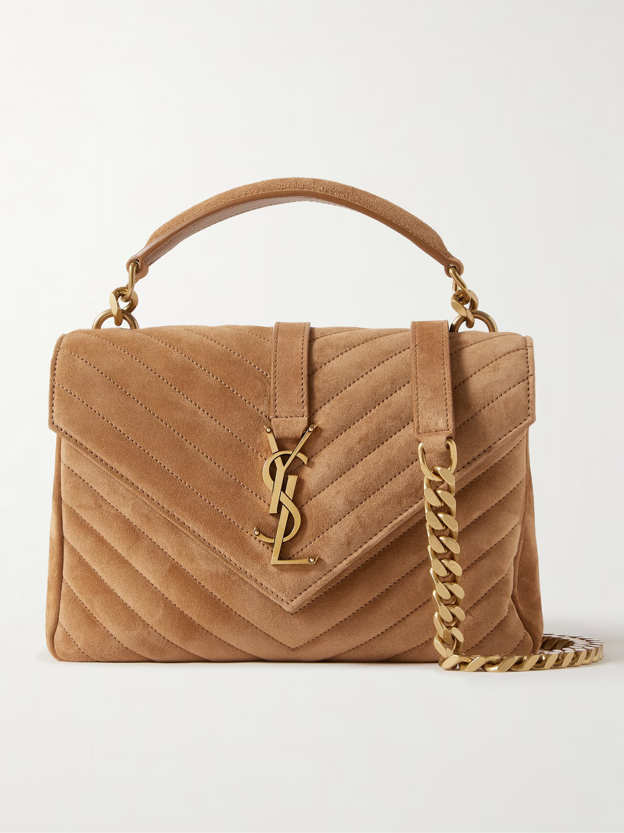 SAINT LAURENT - College Medium Chain Quilted Suede Shoulder Bag - Brown | NET-A-PORTER (US)