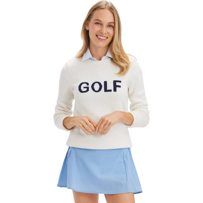 Renwick Sport | Women's Club Golf Ribbed Trim Long Sleeve Sweater, Ivory & (Navy Blue, Size X-Small) | Maisonette | Maisonette