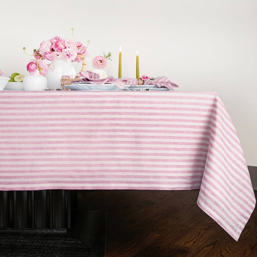 Solino Home Linen Tablecloth 60 x 90 Inch – 100% Pure Linen Cherry Blossom and White Striped Ta... | Amazon (US)