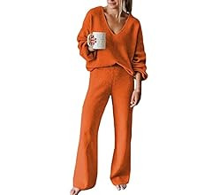 Viottiset Women's 2 Piece Outfits Casual V Neck Knit Wide Leg Sweater Lounge Set Sweatsuit | Amazon (US)