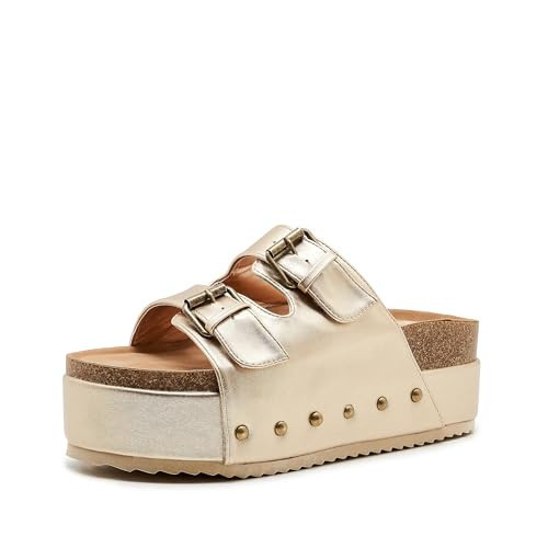 Moyilishan Women's Gold Metallic Platform Sandals Cork Footbed Heeled Slides with Double Buckles Comfort Flatform Slippers Size 7 | Amazon (US)