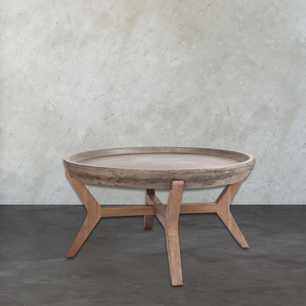 Tonga 32 in. Waxed Concrete/Silver Brushed Woodtone Medium Round Stone Coffee Table | The Home Depot