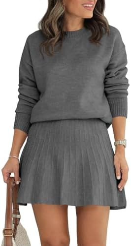 Tankaneo Womens Skirt 2 Piece Sweater Set Long Sleeve Crewneck Sweaters Pleated Mini Skirt Knit L... | Amazon (US)
