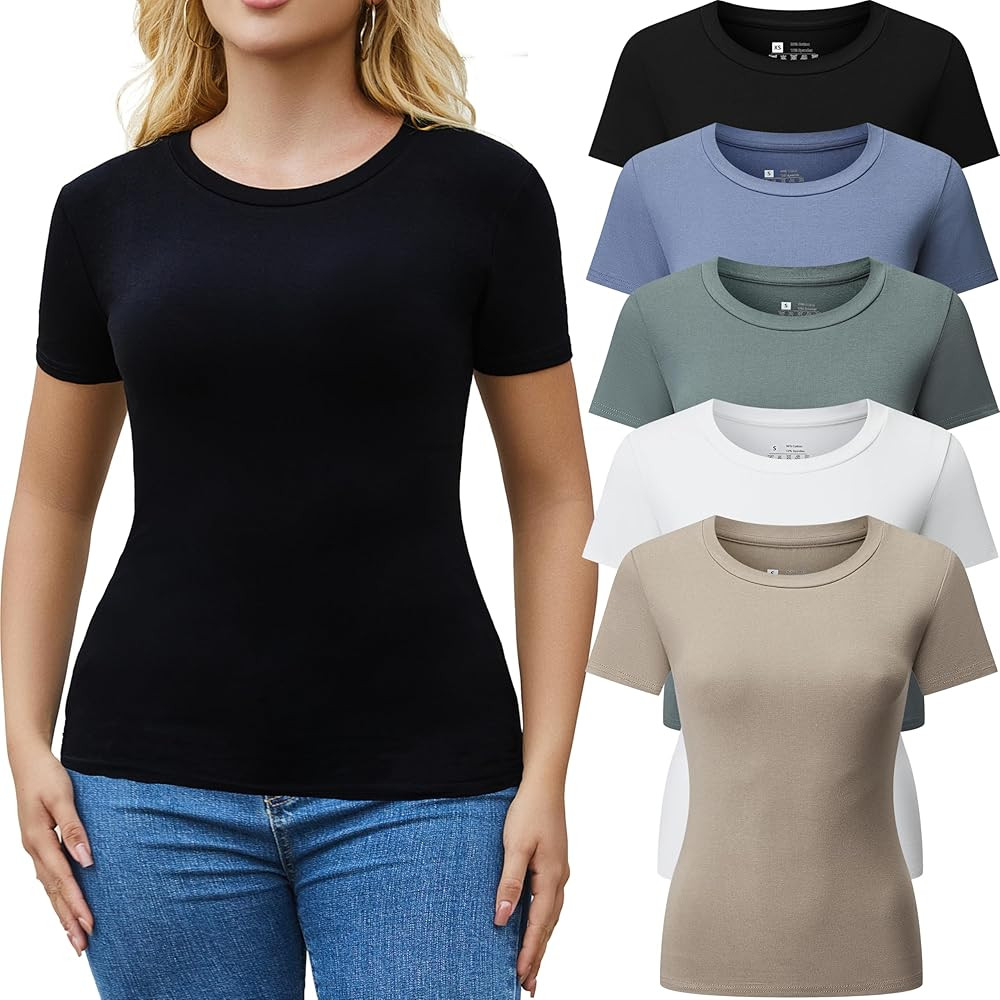 5pcs Women's Ribbed Short Sleeve Slim Fit T Shirt Crew Neck Bodycon Crop Tunics Going Out Tops | Amazon (US)