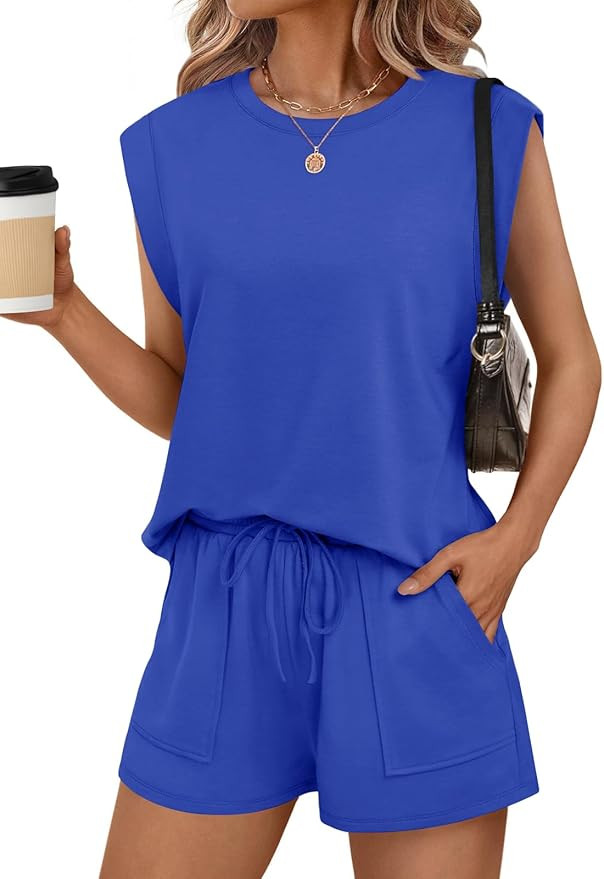 RUBZOOF Two Piece Sets for Women Summer Cap Sleeve Lounge Short Sets Crewneck Outfits with Pocket | Amazon (US)