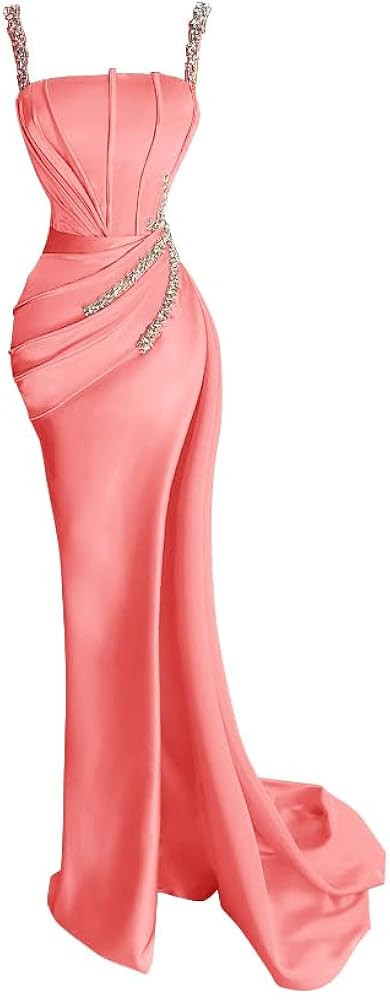 Beaded Satin Prom Dresses for Women 2026 Spaghetti Strap Formal Dresses Long Mermaid Evening Part... | Amazon (US)