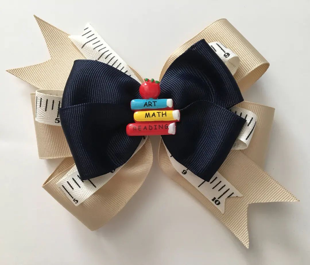 Back to School Bow Khaki and Navy School Bow With Ruler Ribbon - Etsy | Etsy (US)