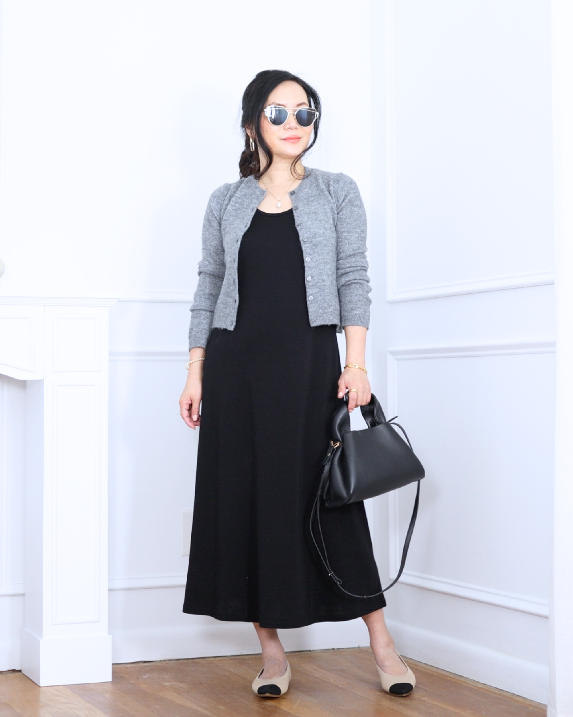 Black dress from Unbound Merino paired with a cropped cardigan and pointed-toe ballet flats from Vivaia — simple, comfortable, and effortlessly polished for an easy everyday look. I'm 5'2, wearing size S. 

 #LTKootd #LTKOver40 #LTKPetite