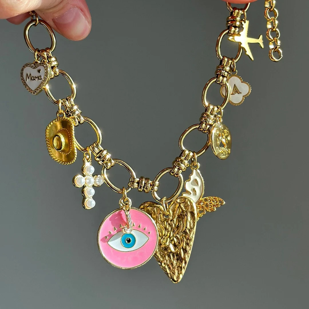 Charm Necklace Chunky, Gold Custom Charm Necklace, Vintage Gold Charm Jewelry, Birthday Gift for ... | Etsy (US)