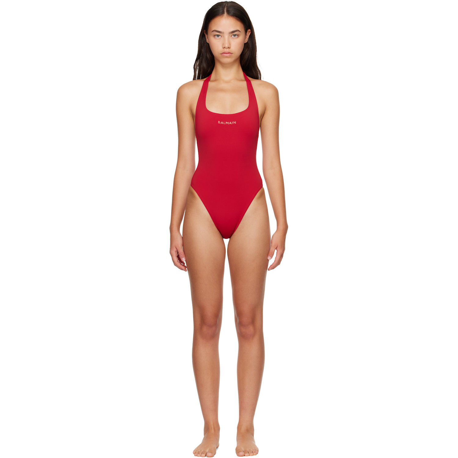 BALMAIN Red Studded Logo Halter Swimsuit | SSENSE