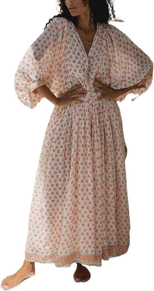 Women Boho Flowy Maxi Dress Floral Long Sleeve Vintage Long Dress V Neck Swing A Line Dress Stree... | Amazon (US)