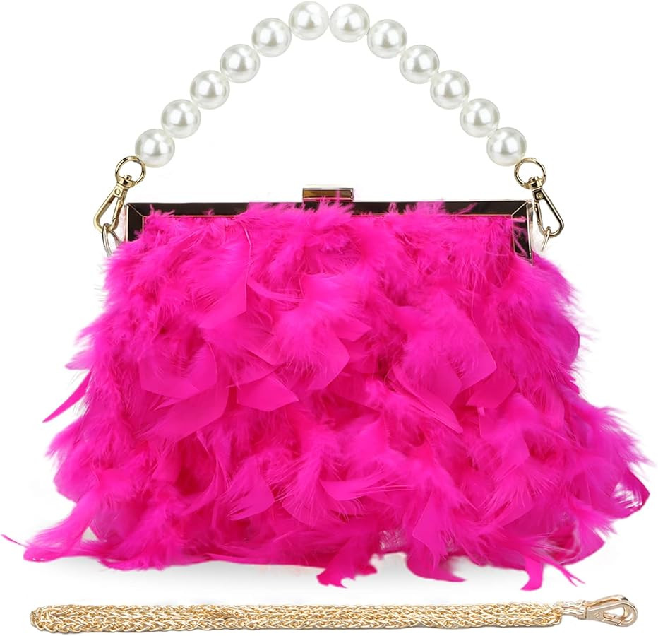 Feather Clutches Purses for Women Bag，Pearl Fluffy Evening Handbags for Wedding Anniversary Par... | Amazon (US)
