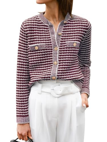 ANRABESS Women's Striped Cardigan Sweaters Casual Long Sleeve Open Front Button Down Knit Cropped Jackets Fall Coat Outerwear Large | Amazon (US)