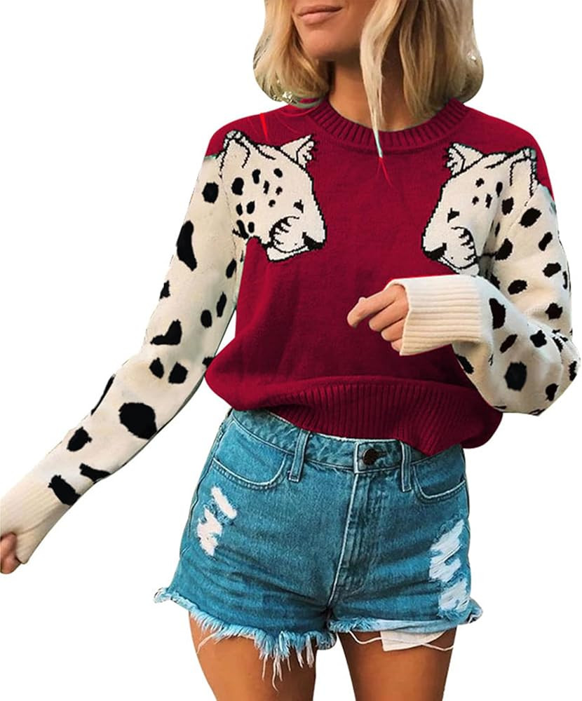 Angashion Women's Sweaters Casual Floral Printed Patchwork Long Sleeves Knitted Pullover Cropped ... | Amazon (US)