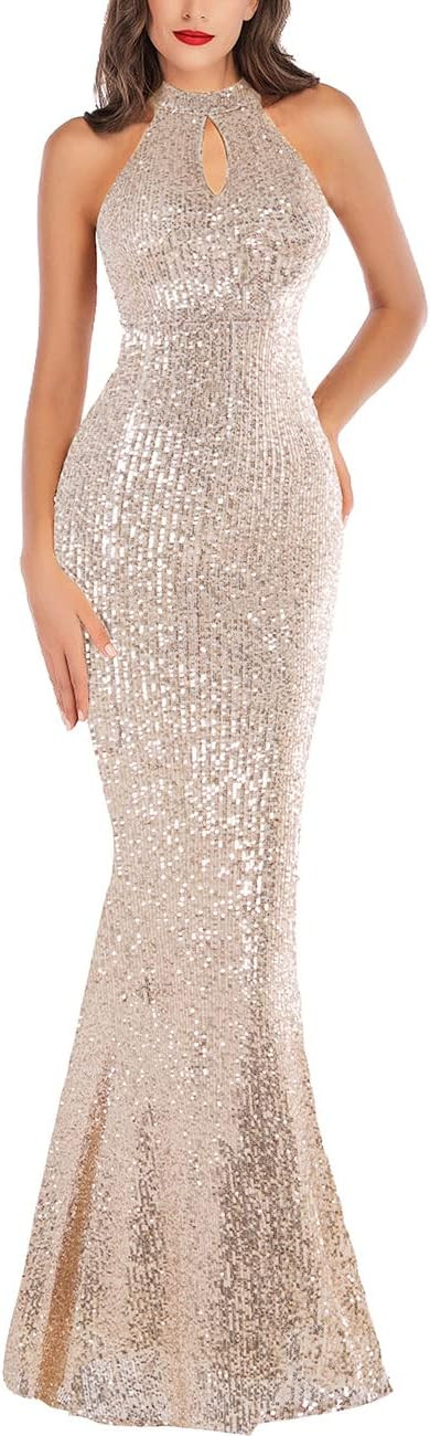 A ARFAR Women Evening Party Dress Sequin Sleeveless Dress Halter Neck Maxi Long Dress Formal Part... | Amazon (US)
