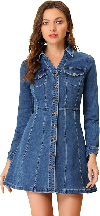 Allegra K Women's Denim Dress Button Down Collar V Neck Long Sleeve A-line Cotton Jean Dress | Amazon (US)