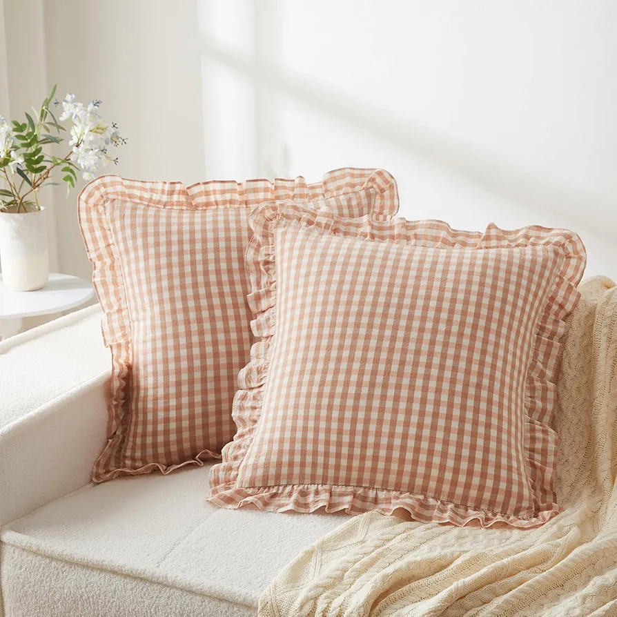 KKJIAF Ruffle Plaid Euro Sham Pillow Covers 20 x 20 Inches, Cotton Gingham Pillow Cases Set of 2,... | Amazon (US)