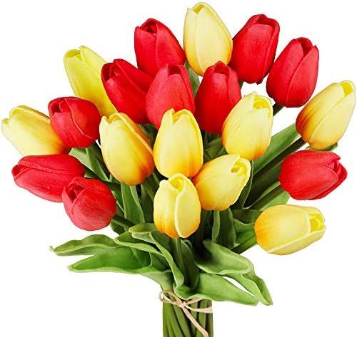 20 Pcs Artificial Tulip Flowers Red and Orange Faux Tulip Stems Real Touch PU Tulips for Easter S... | Amazon (US)