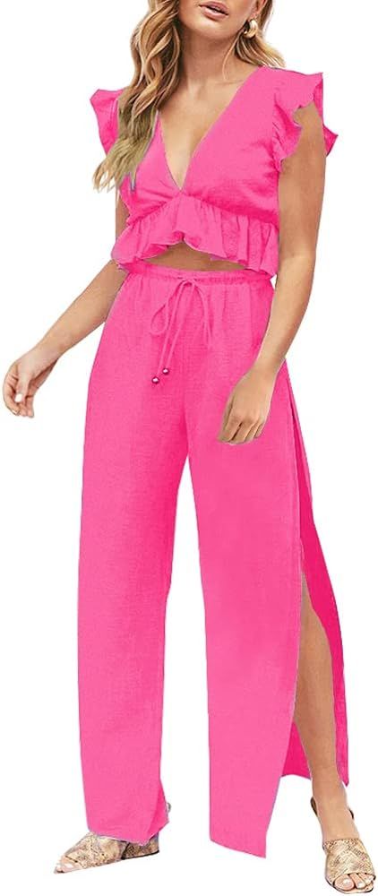 FANCYINN Womens 2 Pieces Outfits Deep V Neck Crop Top Side Slit Drawstring Wide Leg Pants Set Jum... | Amazon (US)