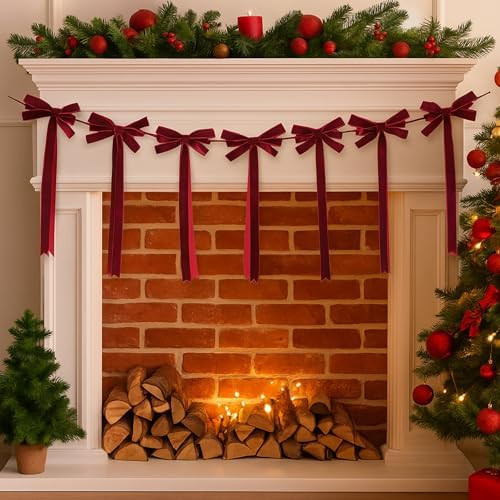 VitalCozy 1 Pack 59 Inch Christmas Velvet Bow Garland Pre Strung Bow in Wine Red Garland Banner w... | Amazon (US)
